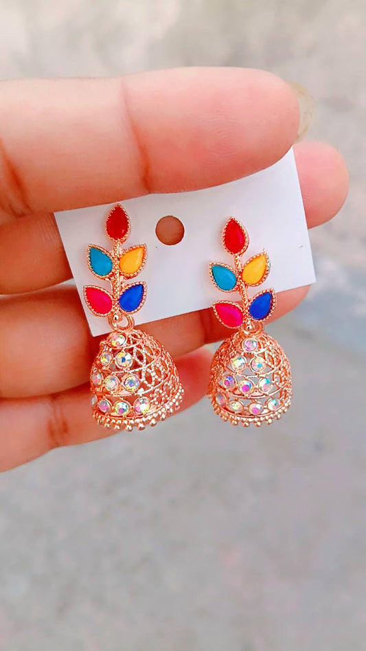 Aarohi Rainbow Leaf Dome Jhumka Earrings for Festive Vibrance