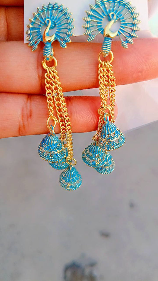 Neelam Peacock Chain Jhumka Earrings – Mummy Jewellery