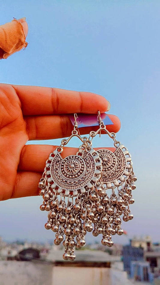 Meera Tribal Oxidized Silver Chandbali Earrings – Mummy Jewellery