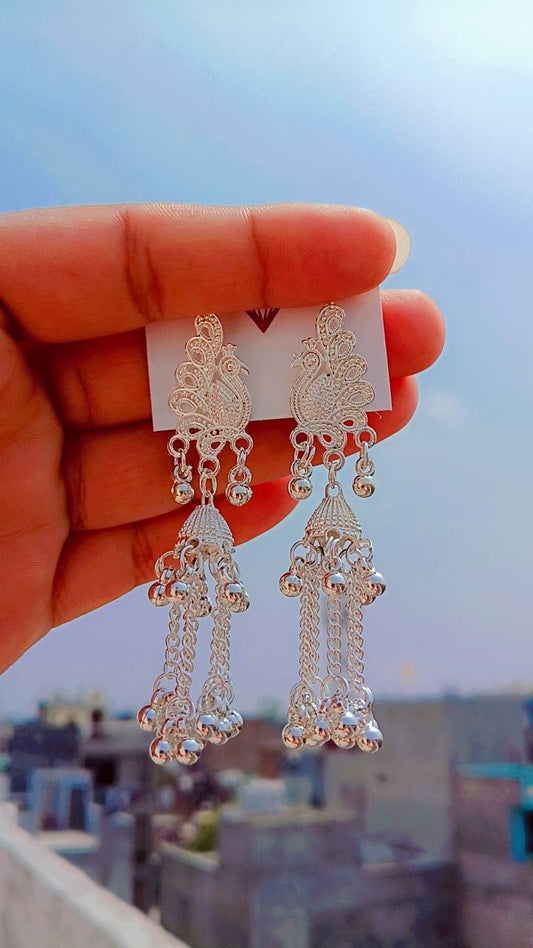 Morni Silver Color  Peacock Tassel Earrings – Elegant Chain Jhumka by Mummy Jewellery