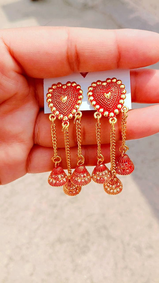Royal Love Drops – Red & Gold Heart Jhumki Earrings by Mummy Jewellery