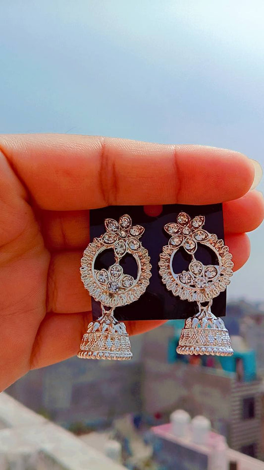 Aarohi Crystal Bloom Silver Halo Jhumka Earrings for Wedding Elegance – Mummy Jewellery