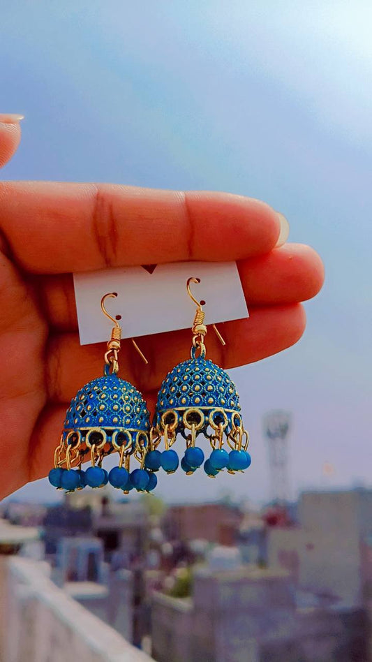 Meher Blue Dome Jhumka Earrings with Bead Tassels for Ethnic Glam – Mummy Jewellery