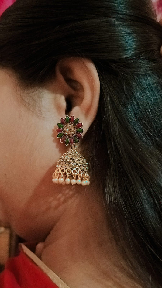 Royal Golden Ruby Floral Jhumka Earrings | Mummy Jewellery