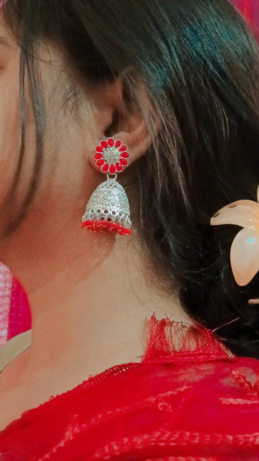 Roshni Red Daisy Diamond Jhumka Earrings | Mummy Jewellery