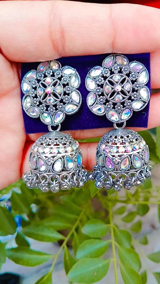 Noor Antique Mirror Jhumka Earrings – Silver Radiance by Mummy Jewellery
