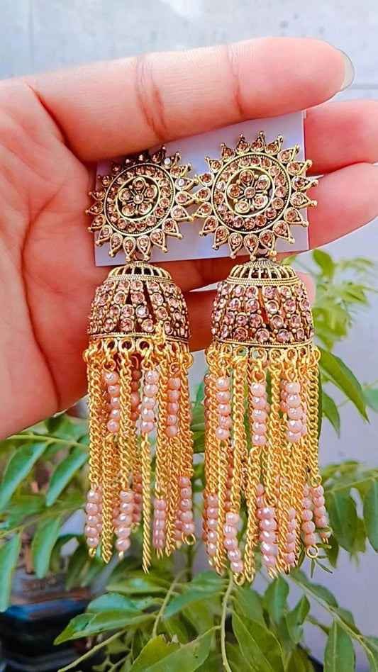 Meher Golden Sunburst Jhumka Earrings with Bead & Chain Tassels – Mummy Jewellery